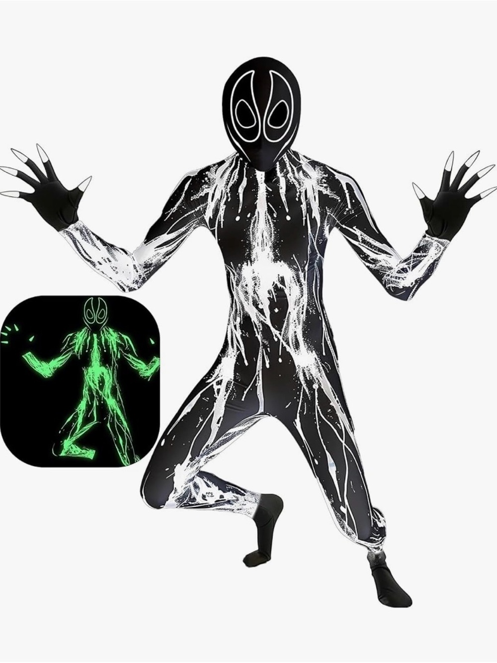 Glow-In-The-Dark Black & White Kids Full-Body Costume Sz 120 Sz 140 ~9 years